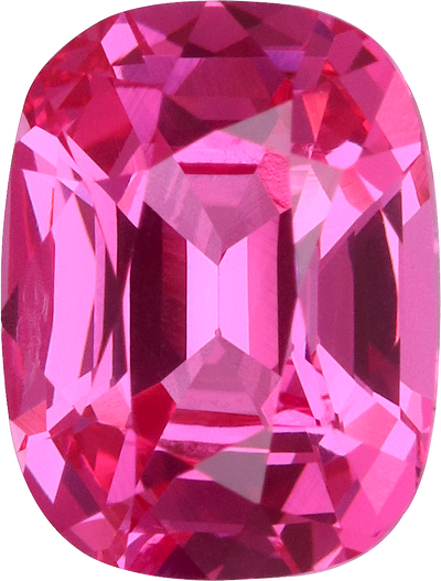 Cushion cut pink spinel, 7.34 by 5.53 mm, shown at actual size