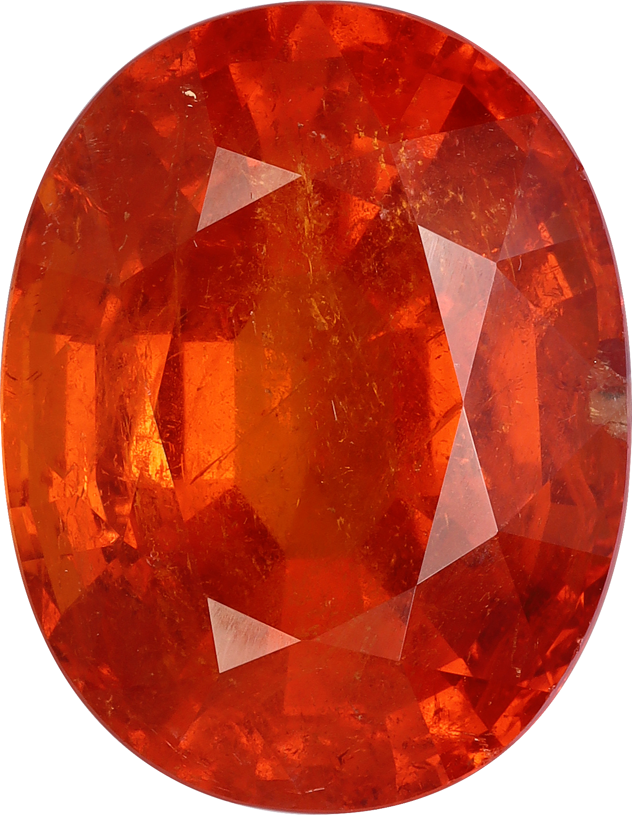 Oval cut spessartite garnet, 16.54 by 14.44 mm, shown at actual size