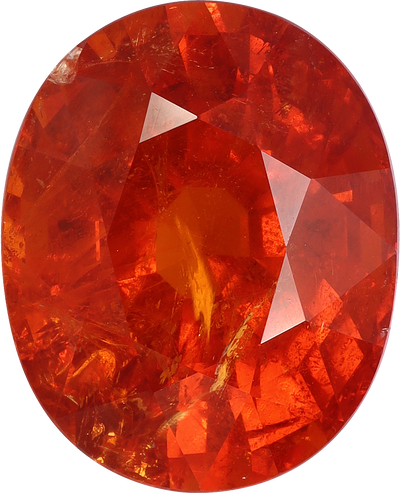 Oval cut spessartite garnet, 16.7 by 13.6 mm, shown at actual size