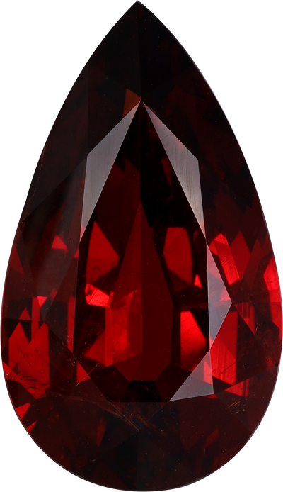 Pear cut spessartite garnet, 26.4 by 15.44 mm, shown at actual size