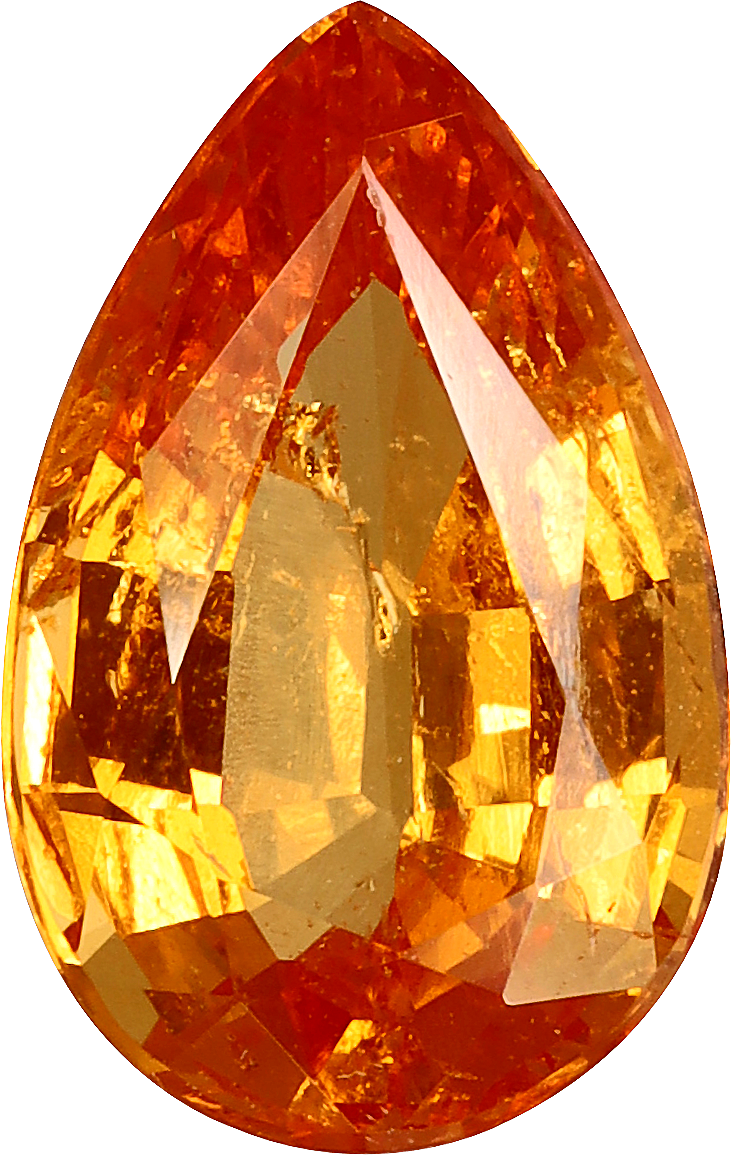 Pear cut spessartite garnet, 9.8 by 6.24 mm, shown at actual size