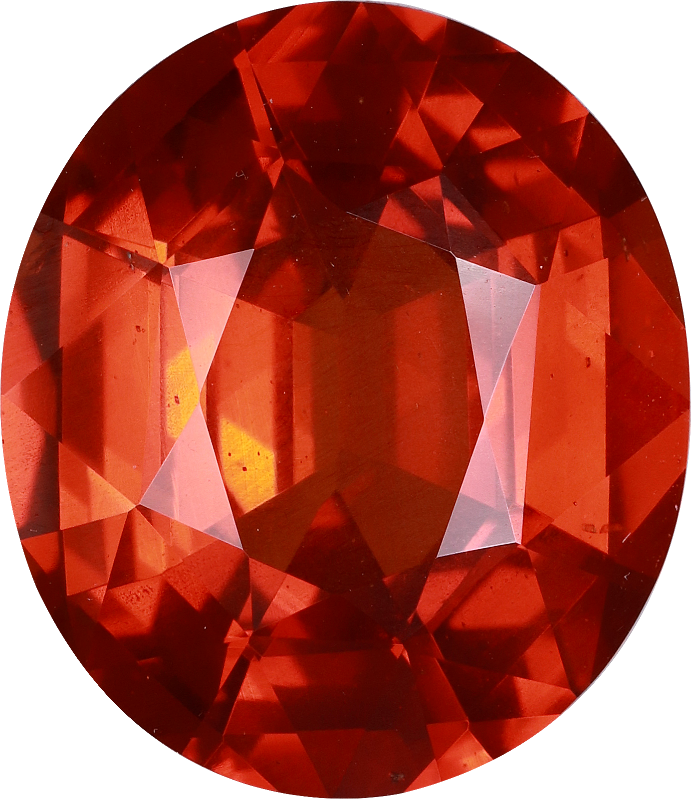 Oval cut spessartite garnet, 14.1 by 12.1 mm, shown at actual size