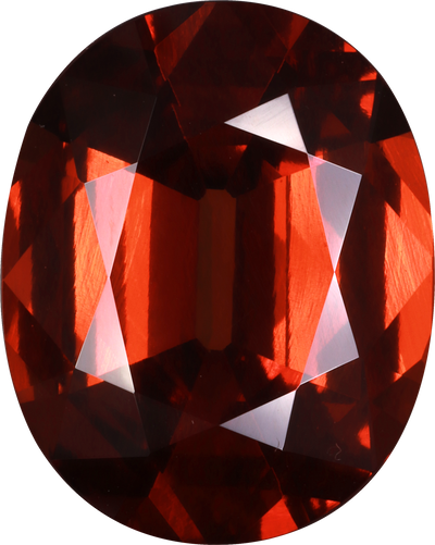 Oval cut spessartite garnet, 20.1 by 15.97 mm, shown at actual size