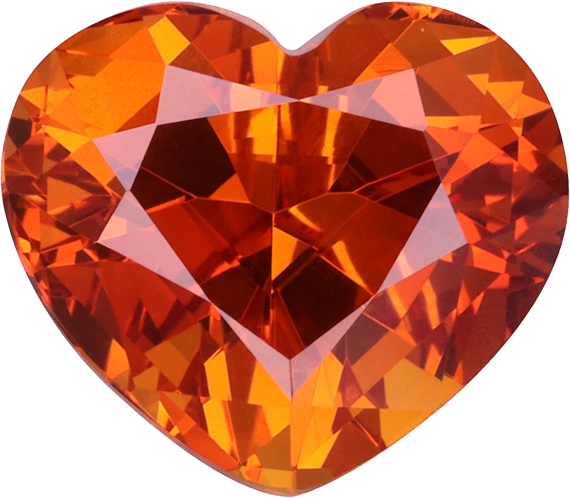 Heart cut spessartite garnet, 9.87 by 8.6 mm, shown at actual size