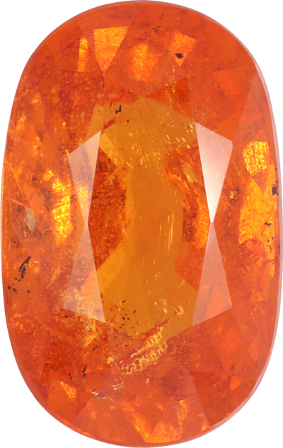 Oval cut spessartite garnet, 15.34 by 9.75 mm, shown at actual size