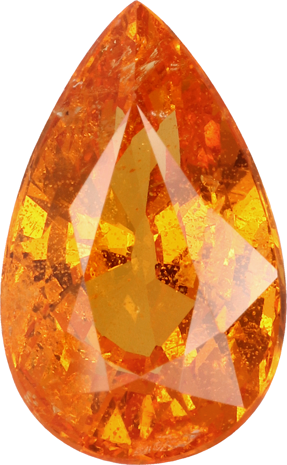 Pear cut spessartite garnet, 10.5 by 6.5 mm, shown at actual size