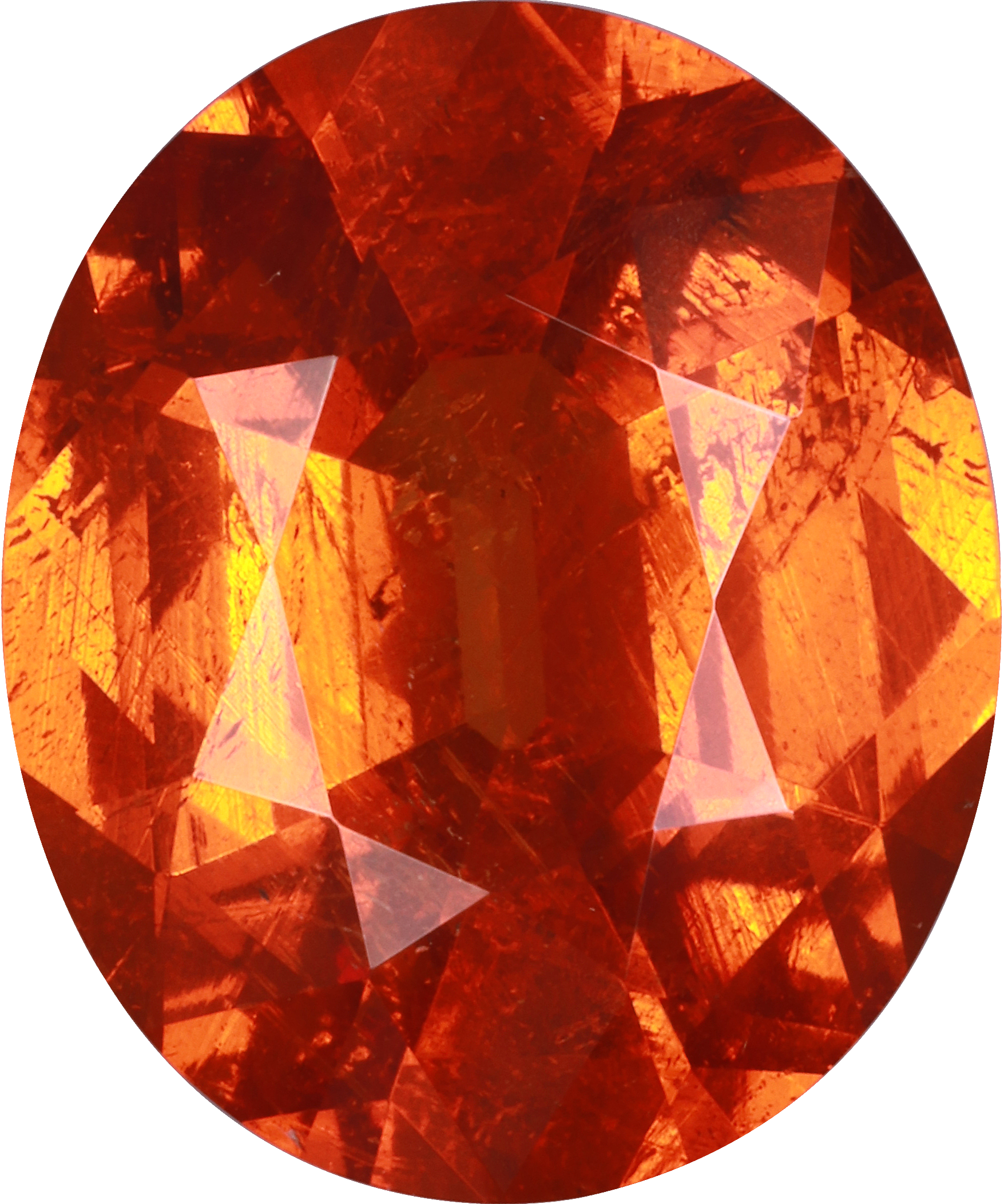 Oval cut spessartite garnet, 16.08 by 13.37 mm, shown at actual size