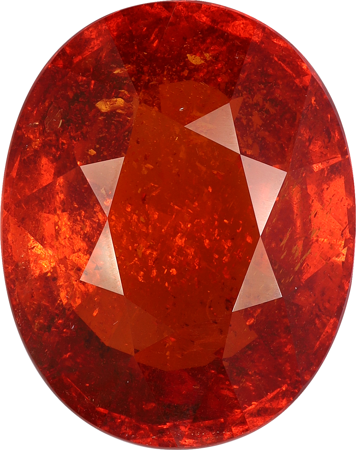 Oval cut spessartite garnet, 22.53 by 17.9 mm, shown at actual size