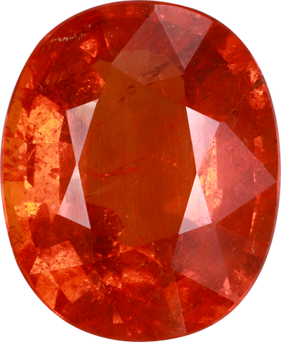 Oval cut spessartite garnet, 15.8 by 12.9 mm, shown at actual size