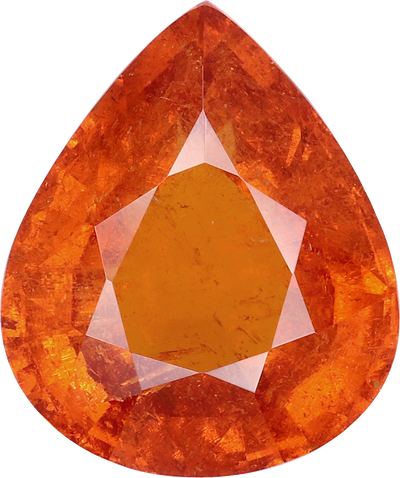 Pear cut spessartite garnet, 13.63 by 11.39 mm, shown at actual size