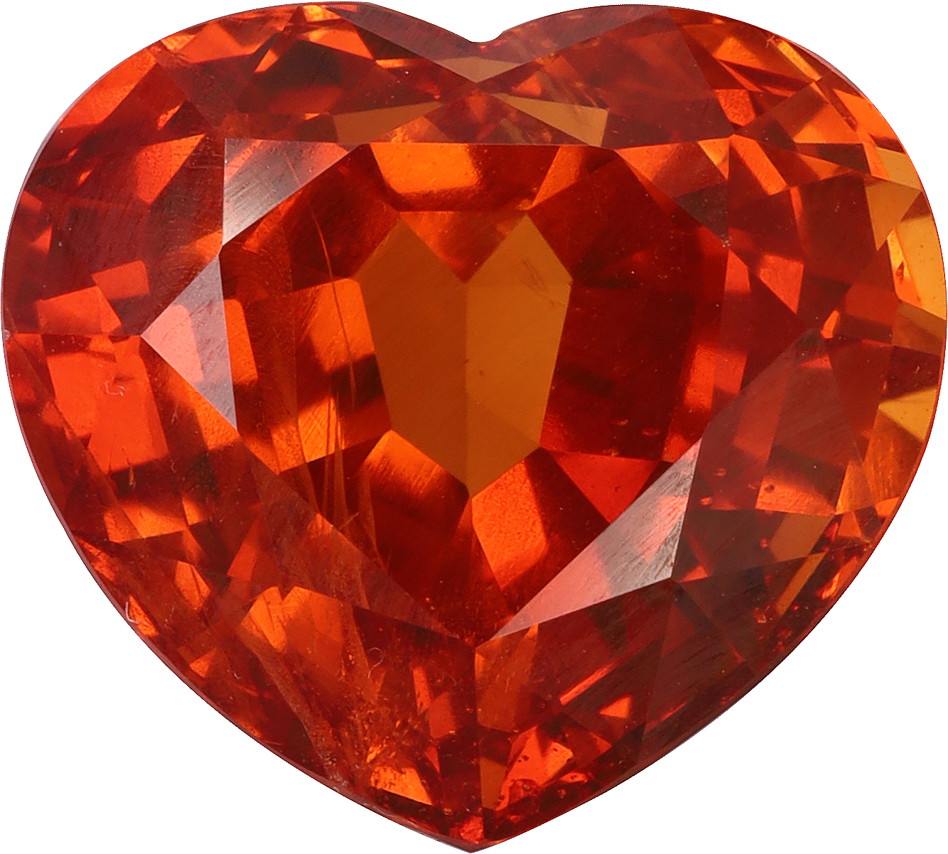 Heart cut spessartite garnet, 11.57 by 10.39 mm, shown at actual size