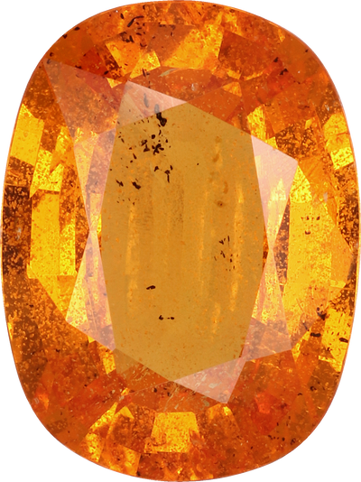 Cushion cut spessartite garnet, 10.84 by 8.1 mm, shown at actual size