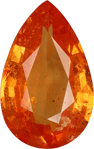 Pear cut spessartite garnet, 13.08 by 8.31 mm, shown at actual size