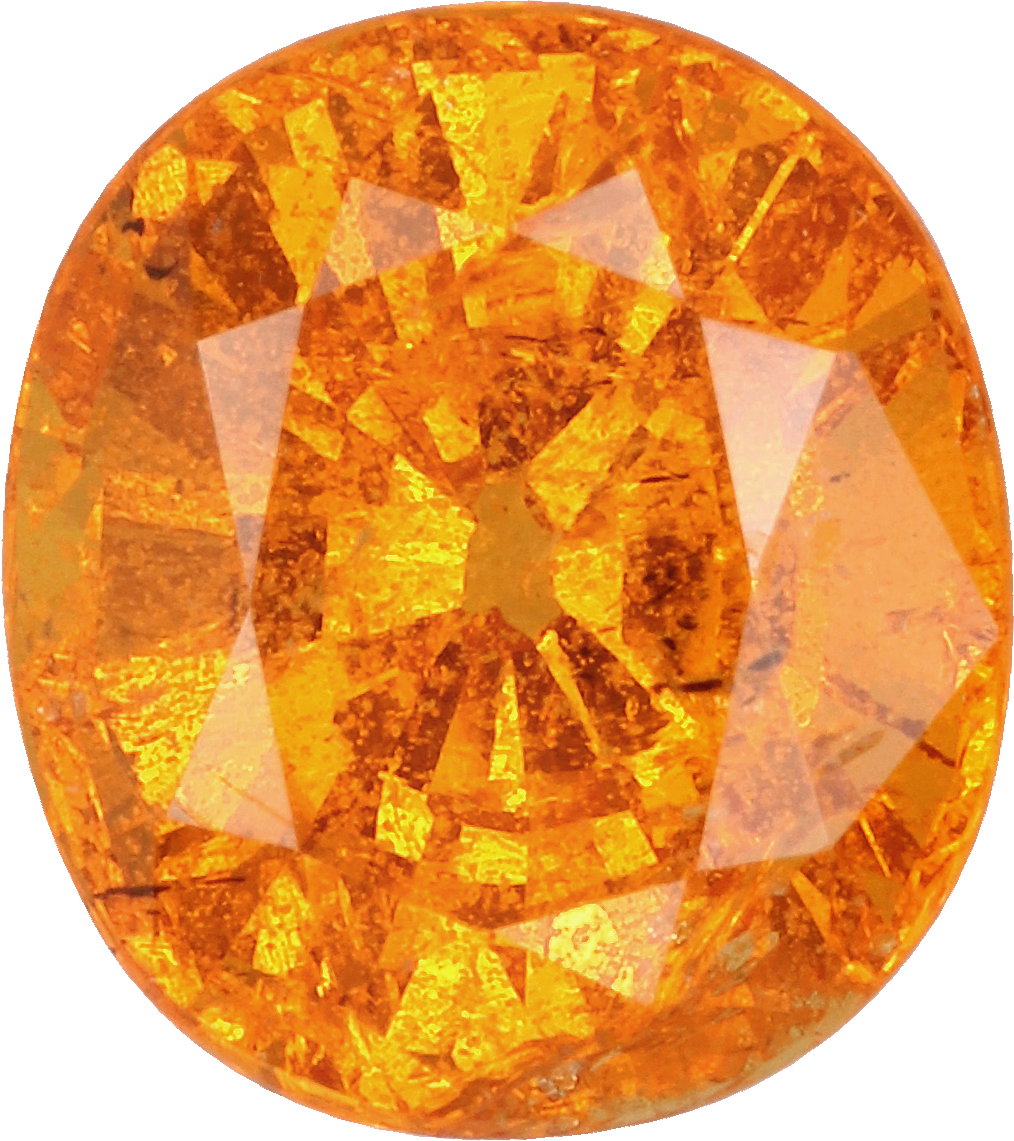 Oval cut spessartite garnet, 7.5 by 6.7 mm, shown at actual size