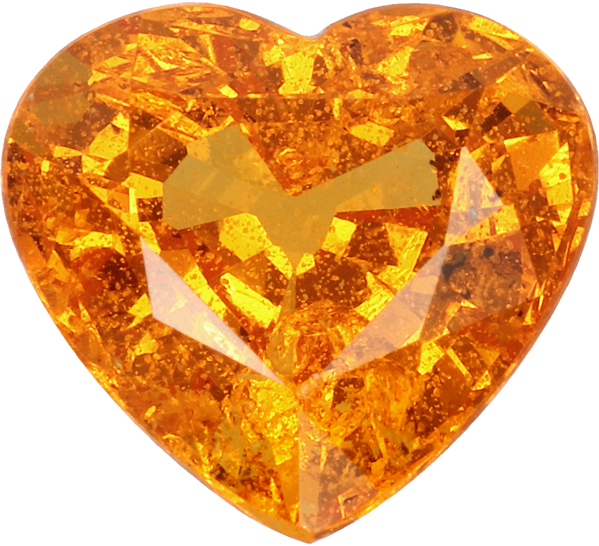 Heart cut spessartite garnet, 7.9 by 7.3 mm, shown at actual size