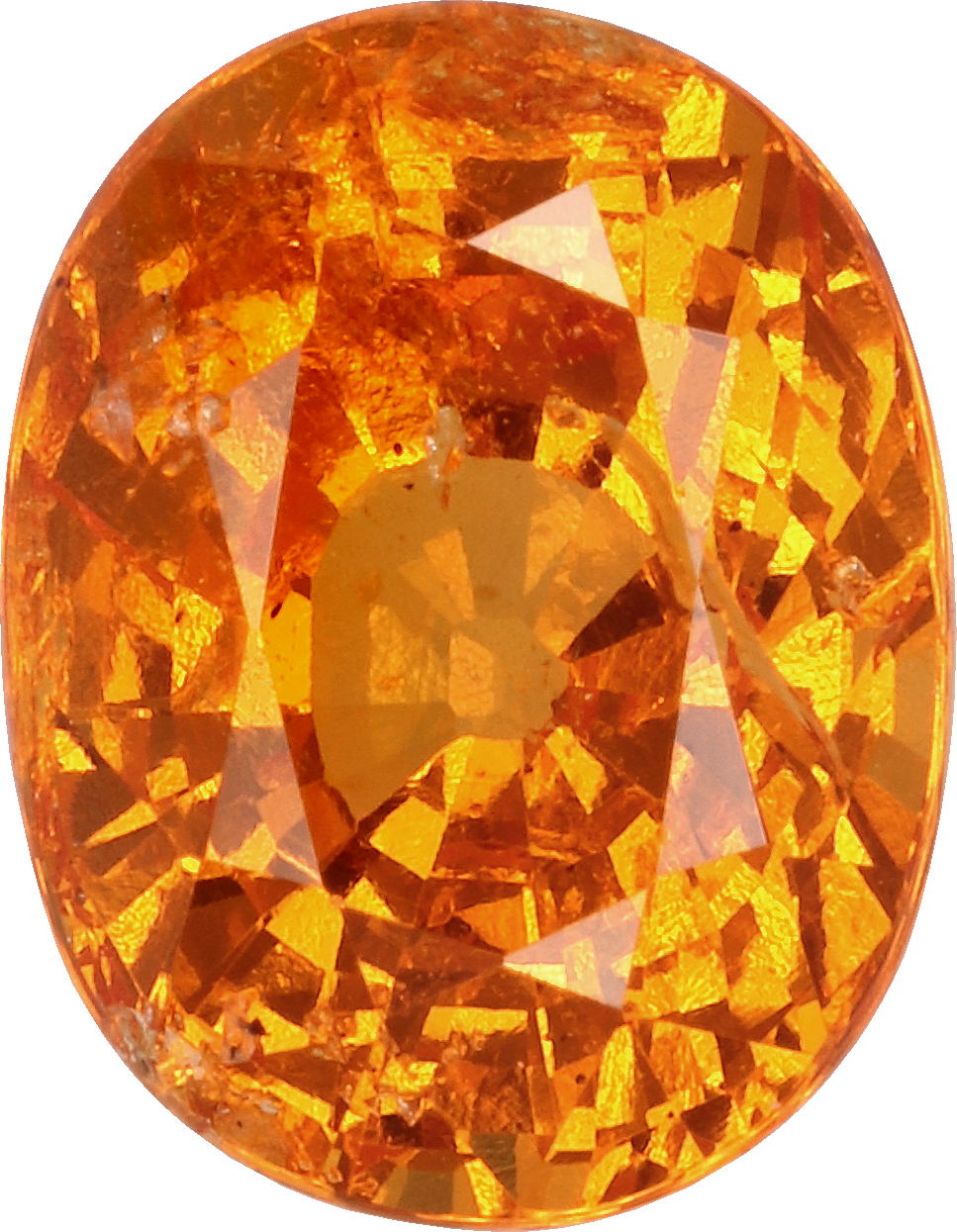 Oval cut spessartite garnet, 8.3 by 6.5 mm, shown at actual size