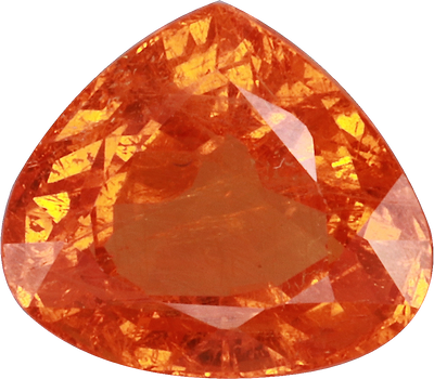 Pear cut spessartite garnet, 8.58 by 7.51 mm, shown at actual size