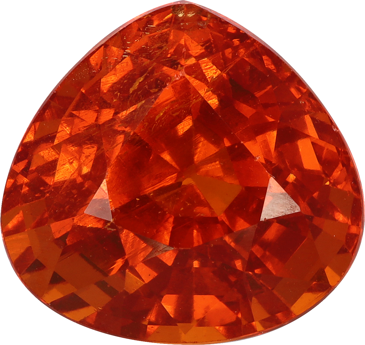 Pear cut spessartite garnet, 10.4 by 10.8 mm, shown at actual size