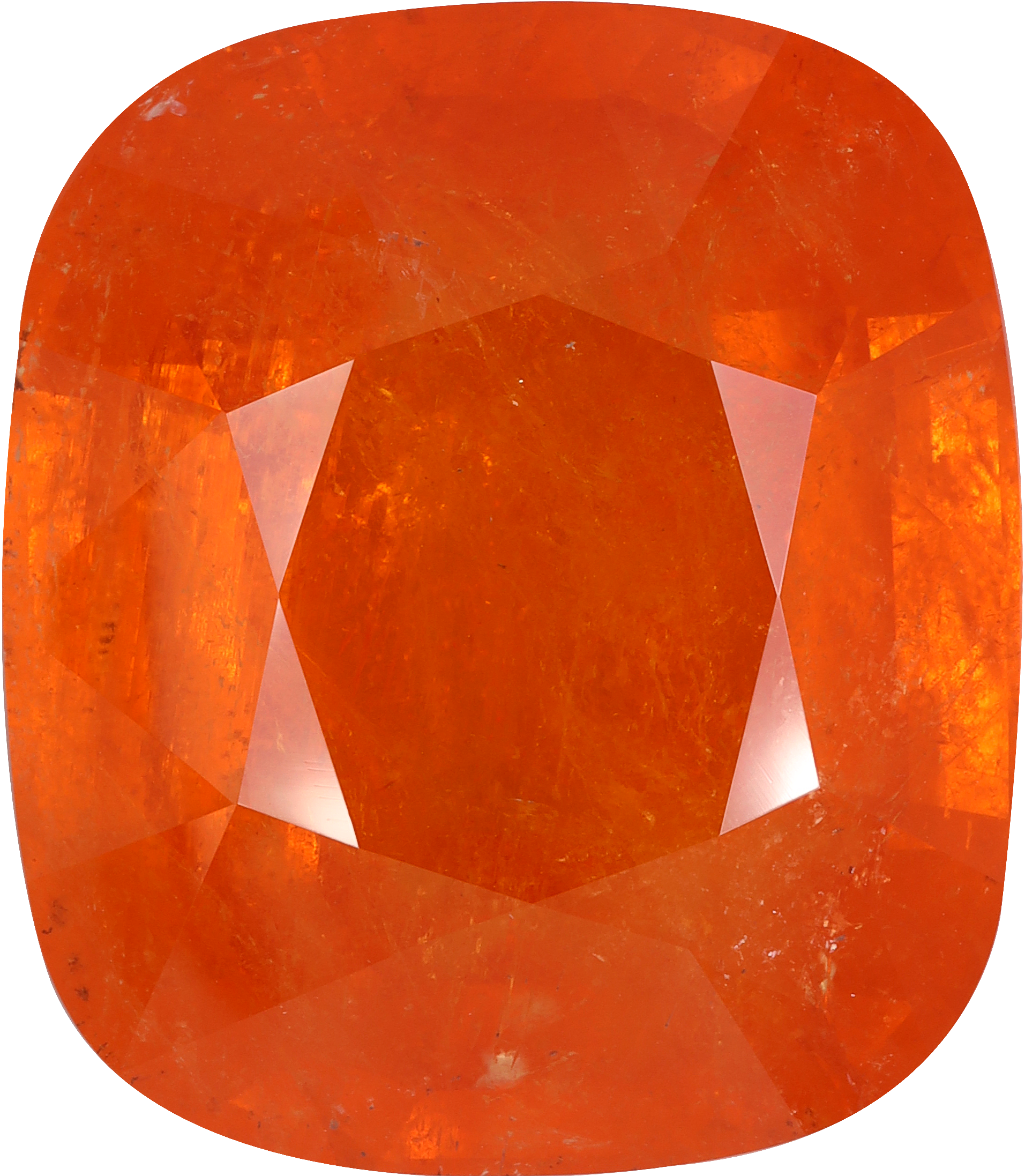 Cushion cut spessartite garnet, 22.06 by 19.22 mm, shown at actual size