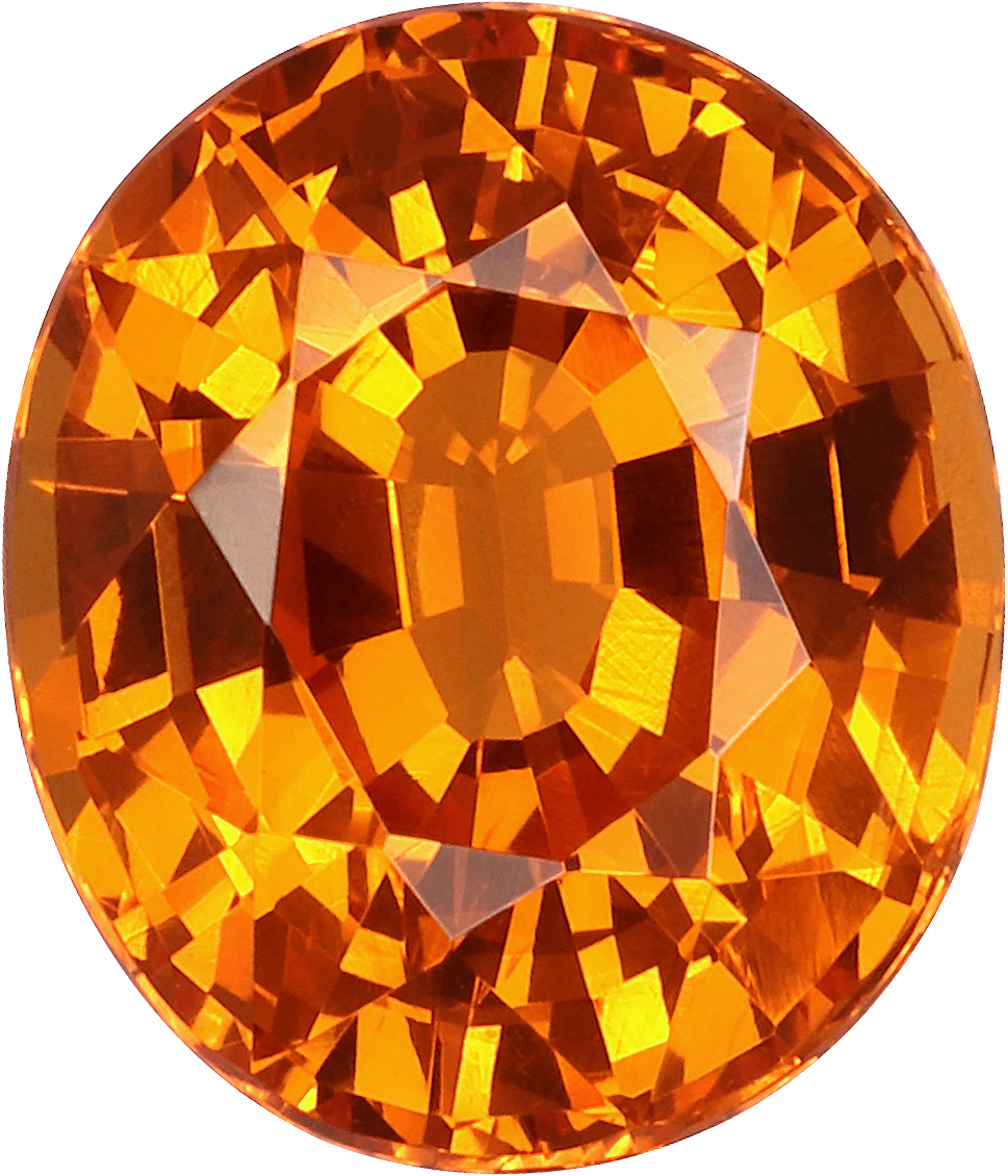 Oval cut spessartite garnet, 9.5 by 8.13 mm, shown at actual size