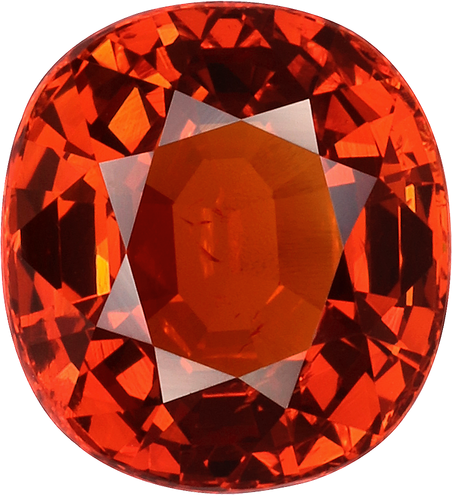 Cushion cut spessartite garnet, 8.74 by 8.03 mm, shown at actual size