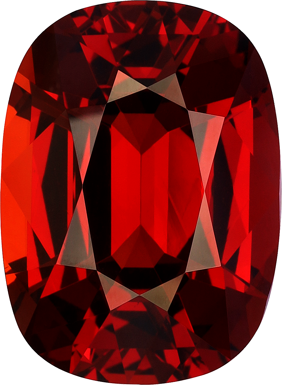 Cushion cut spessartite garnet, 15.61 by 11.43 mm, shown at actual size