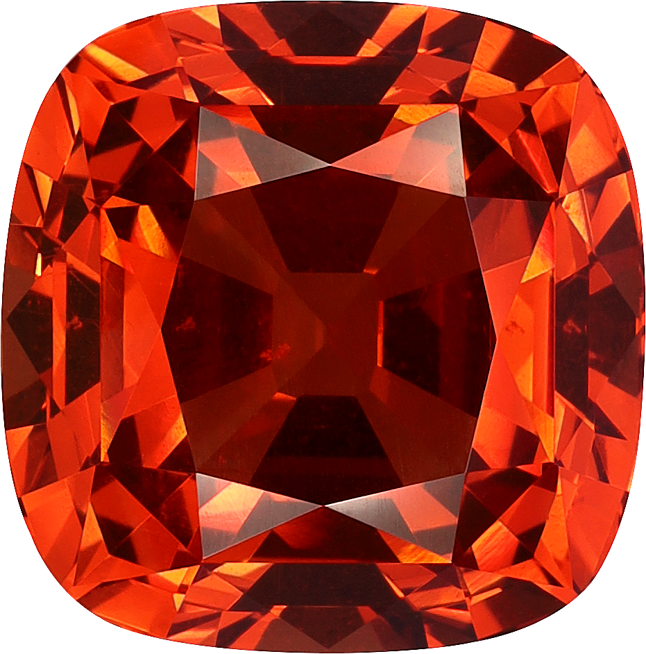 Cushion cut spessartite garnet, 12.95 by 12.78 mm, shown at actual size