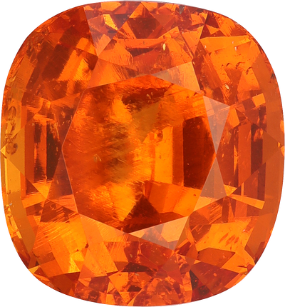 Cushion cut spessartite garnet, 11.58 by 10.75 mm, shown at actual size