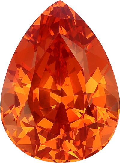 Pear cut spessartite garnet, 14.52 by 10.72 mm, shown at actual size