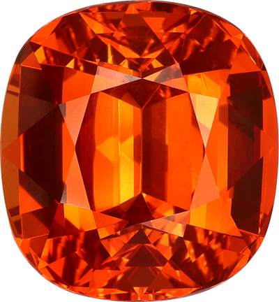 Cushion cut spessartite garnet, 10.79 by 10 mm, shown at actual size