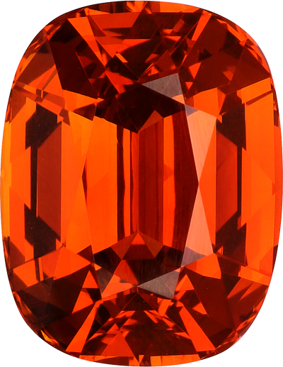Cushion cut spessartite garnet, 13.72 by 10.64 mm, shown at actual size