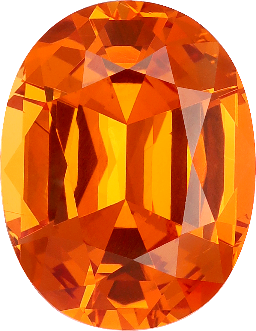 Oval cut spessartite garnet, 14.1 by 10.86 mm, shown at actual size