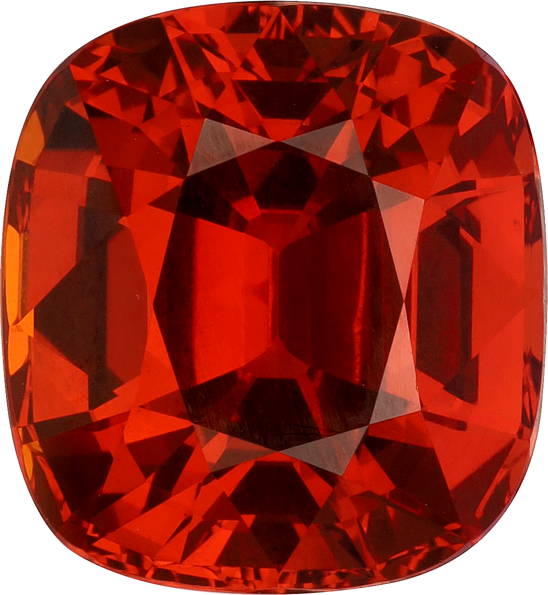 Cushion cut spessartite garnet, 16.29 by 15.09 mm, shown at actual size