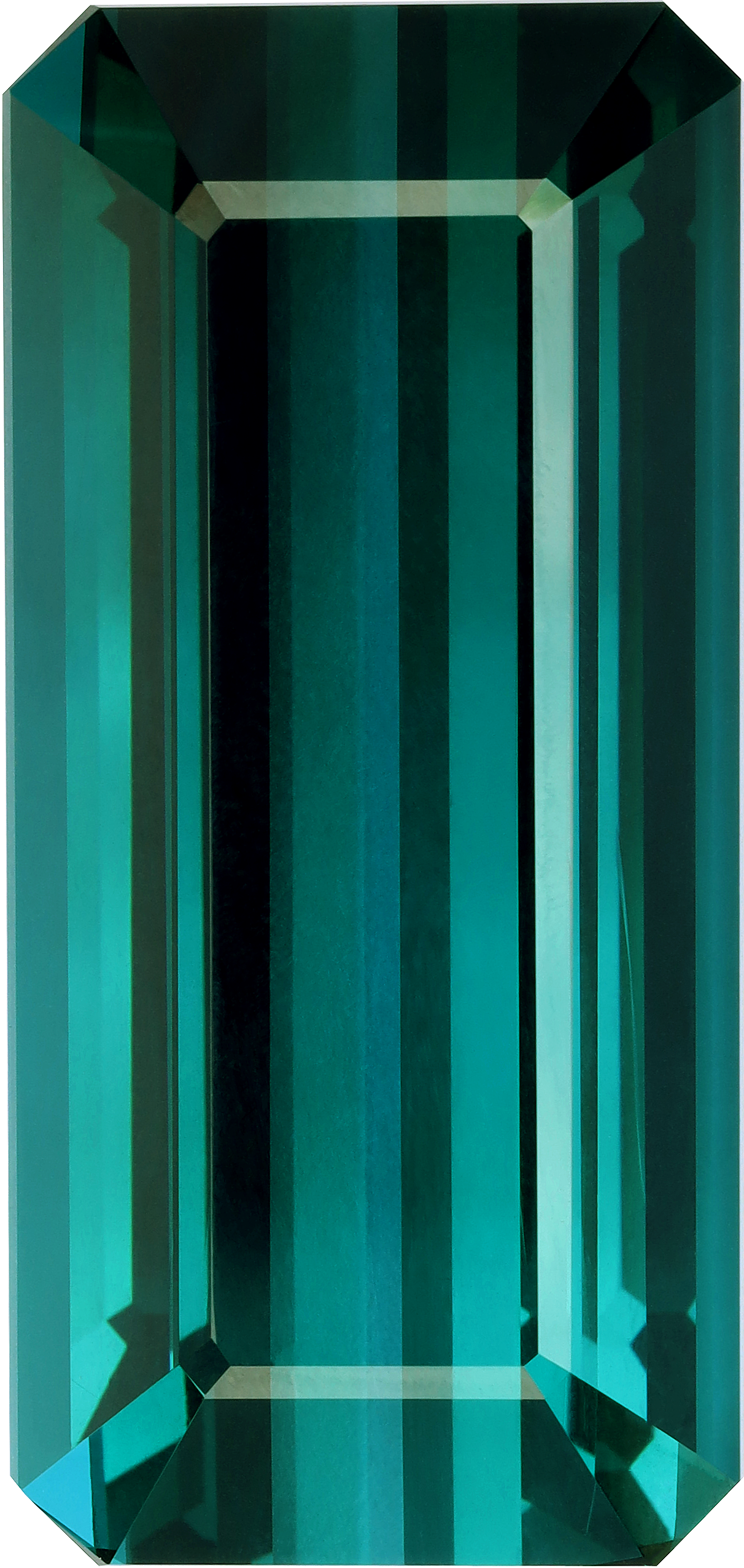 Rectangular cut blue tourmaline, 42.2 by 19.9 mm, shown at actual size