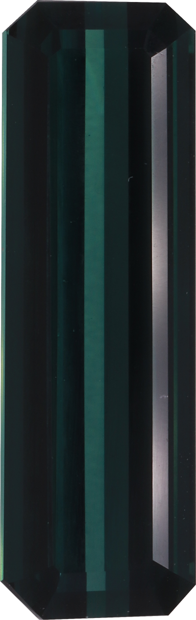Rectangular cut blue tourmaline, 24 by 7.8 mm, shown at actual size