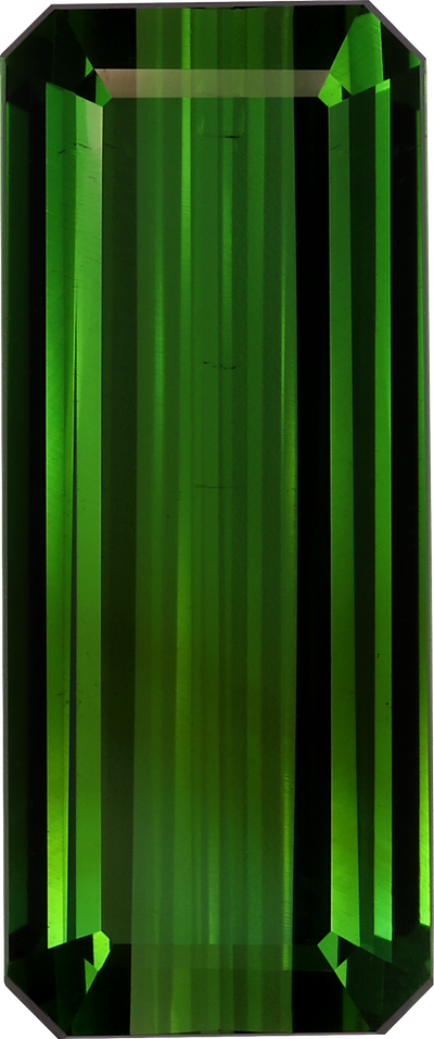 Rectangular cut green tourmaline, 22.46 by 9.32 mm, shown at actual size