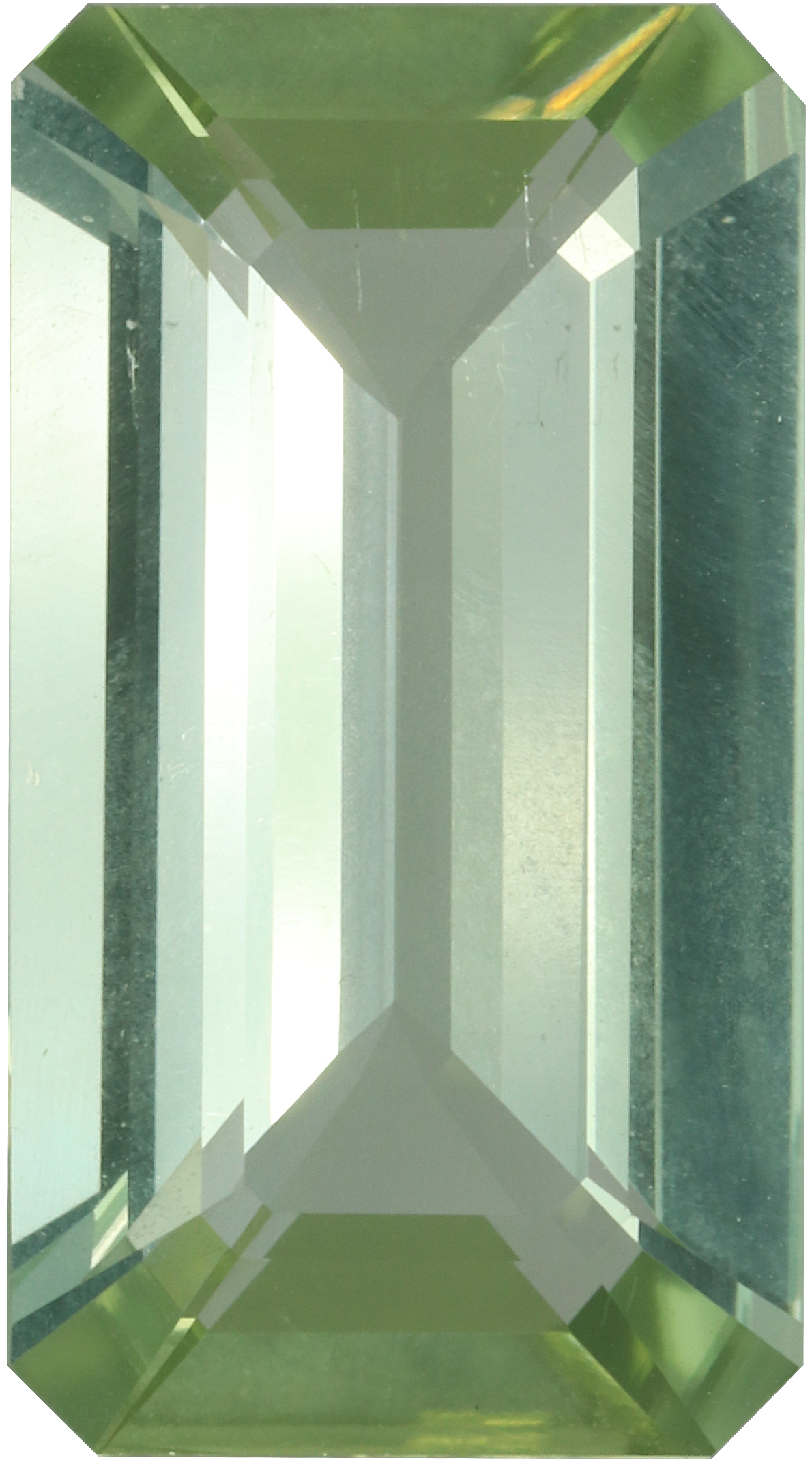 Rectangular cut green tourmaline, 20.02 by 11.02 mm, shown at actual size