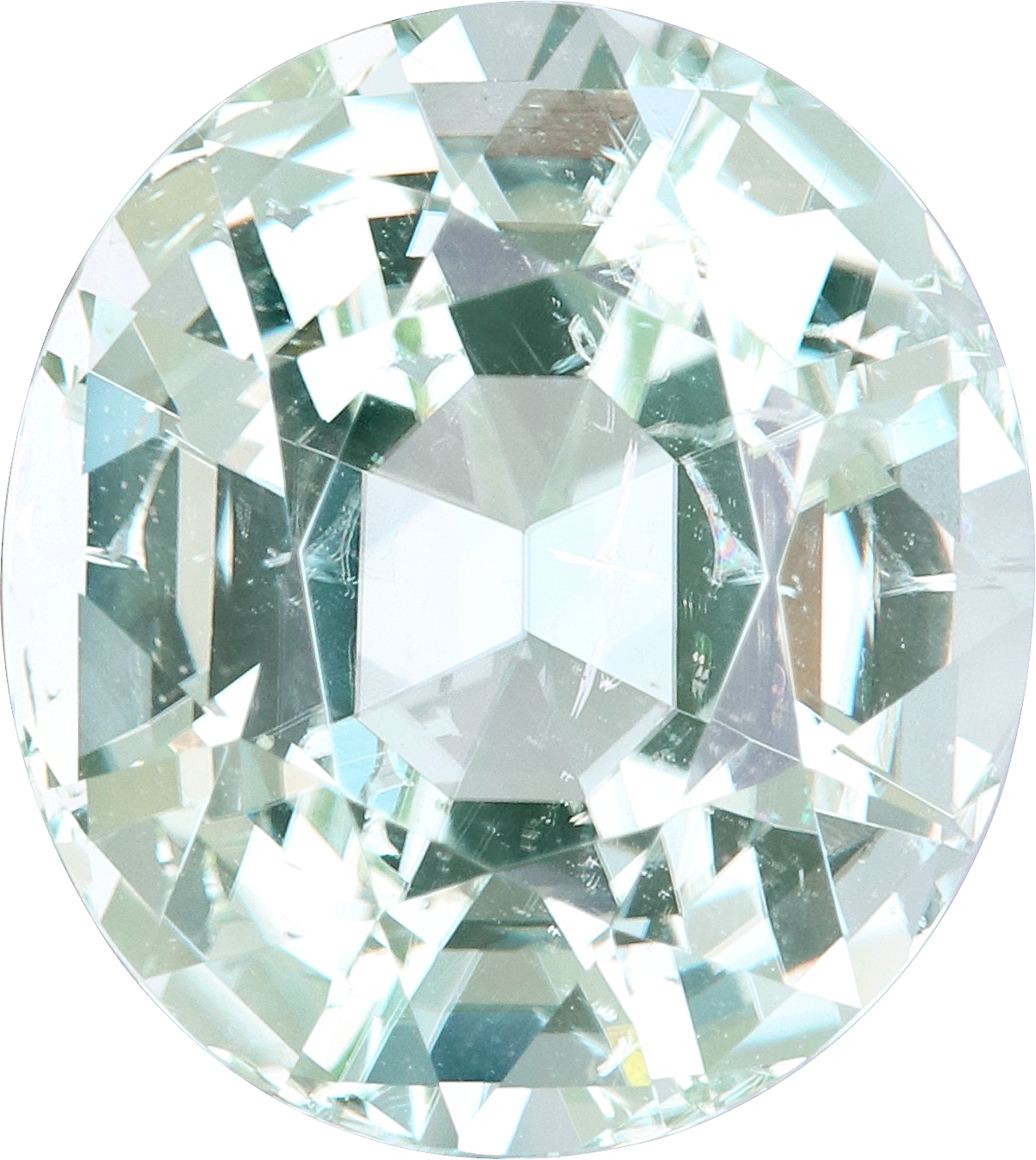 Oval cut green tourmaline, 12.87 by 11.46 mm, shown at actual size