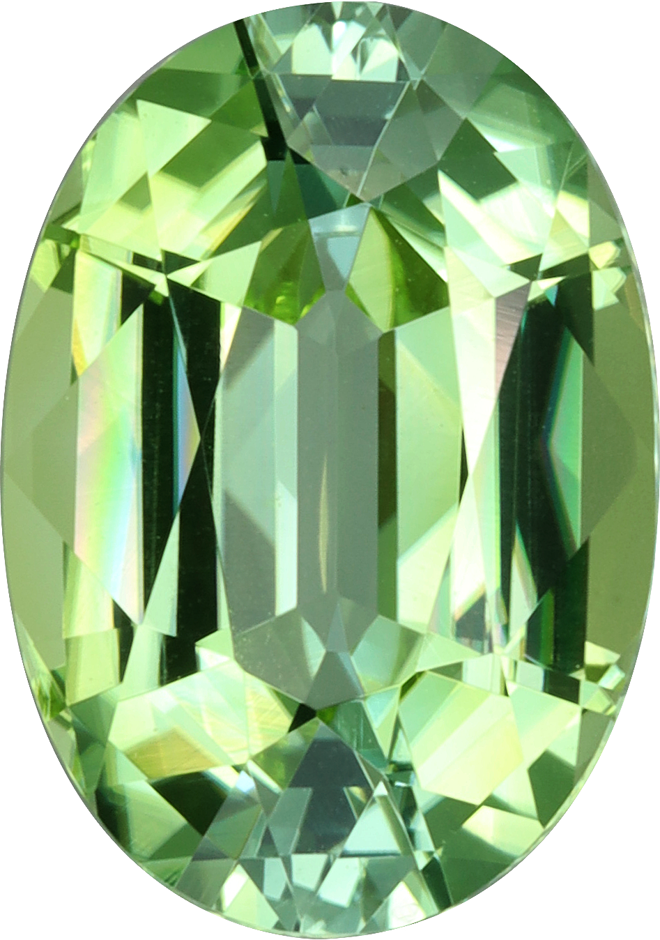 Oval cut green tourmaline, 12.07 by 8.51 mm, shown at actual size