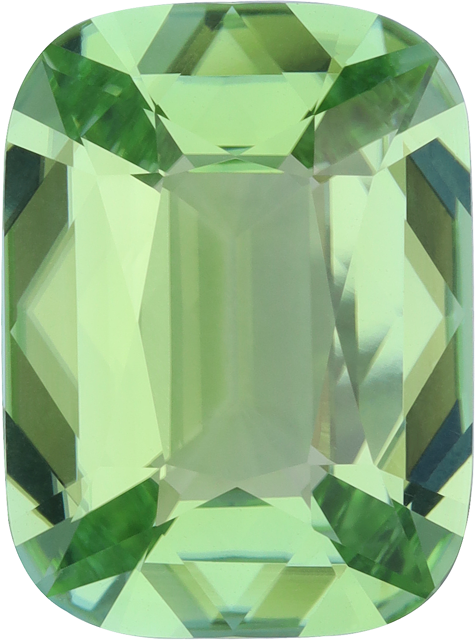 Cushion cut green tourmaline, 15.06 by 11.13 mm, shown at actual size