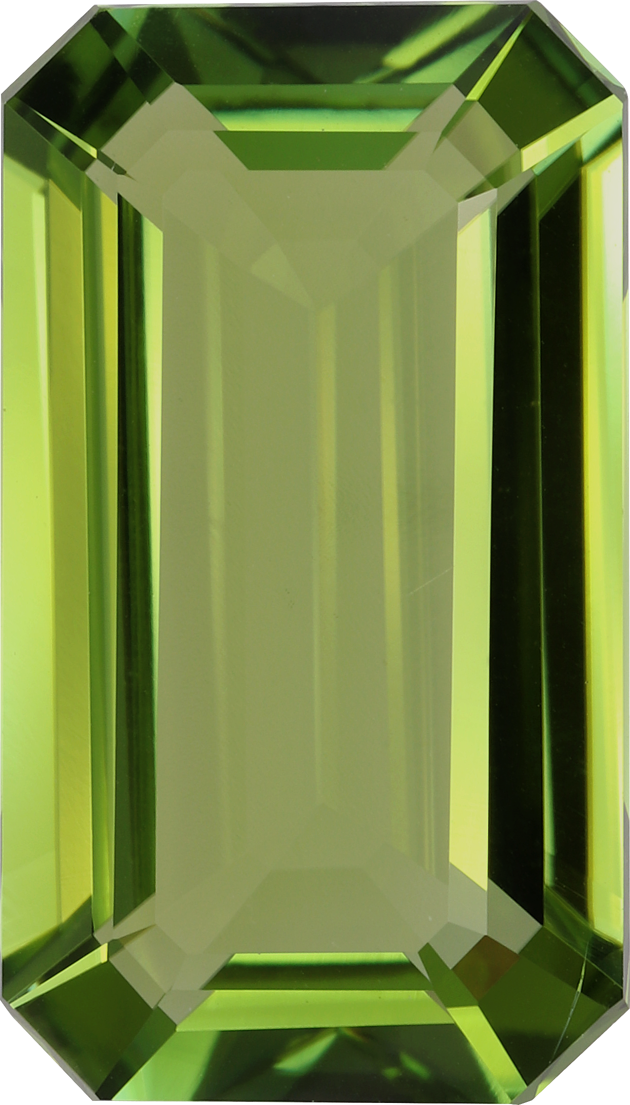 Rectangular cut green tourmaline, 16.91 by 9.64 mm, shown at actual size