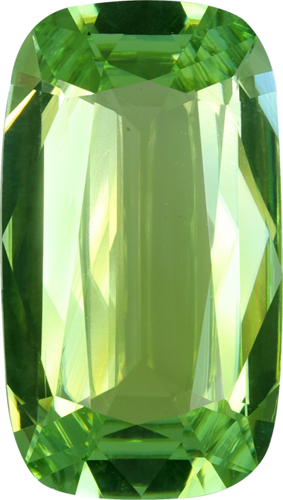 Cushion cut green tourmaline, 16.06 by 9.07 mm, shown at actual size
