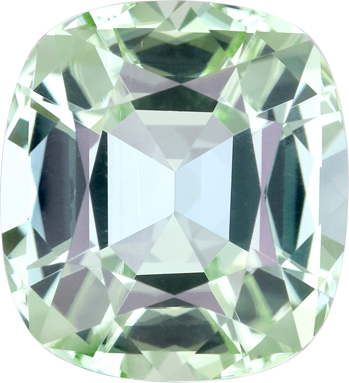 Cushion cut green tourmaline, 11.73 by 10.71 mm, shown at actual size