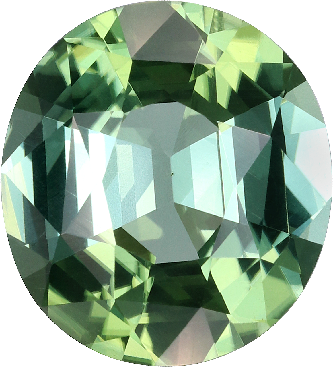 Oval cut green tourmaline, 11.17 by 10.09 mm, shown at actual size