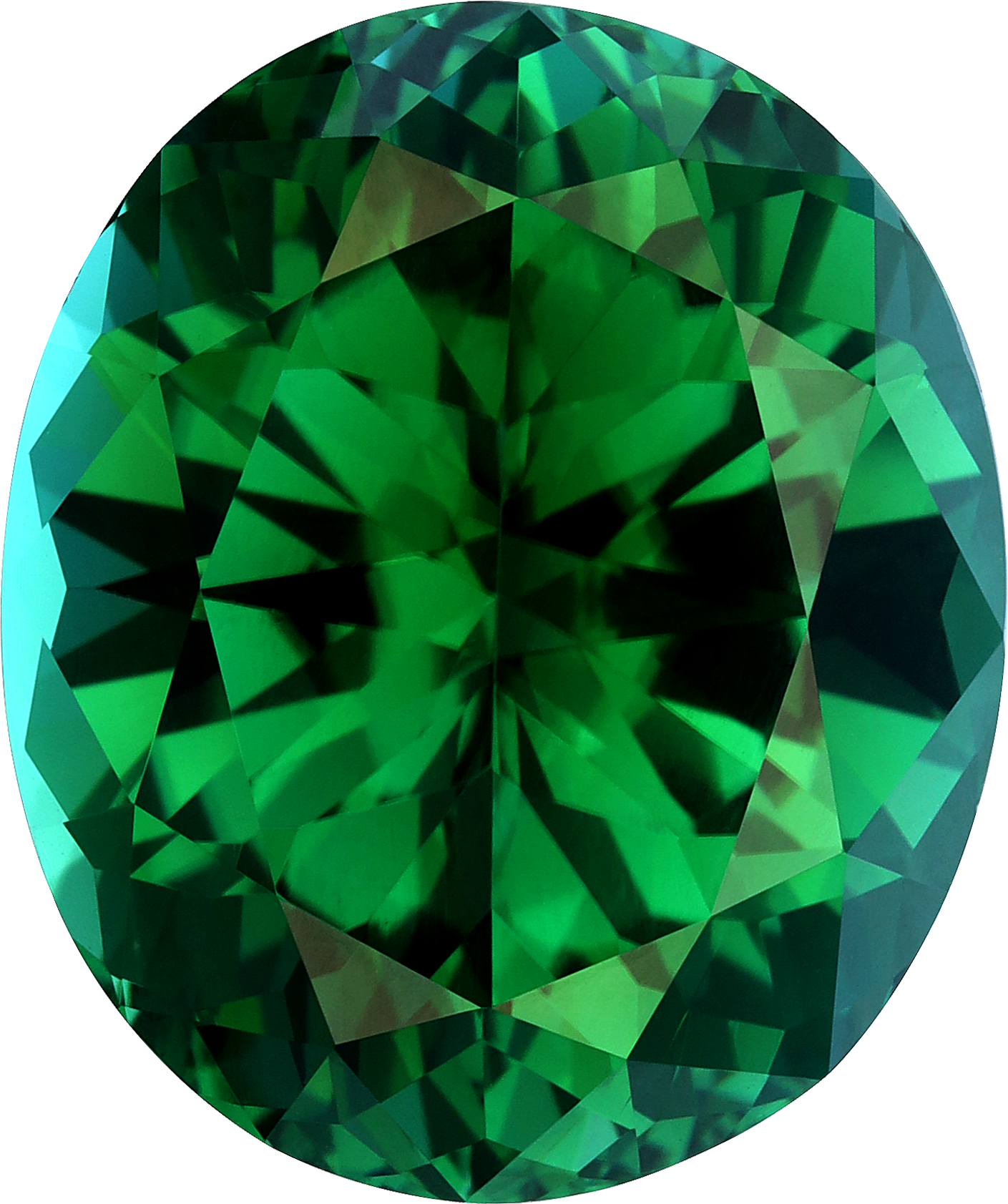 Oval cut green tourmaline, 16.81 by 14.1 mm, shown at actual size