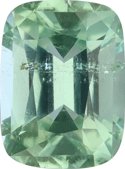 Cushion cut green tourmaline, 11.24 by 8.36 mm, shown at actual size