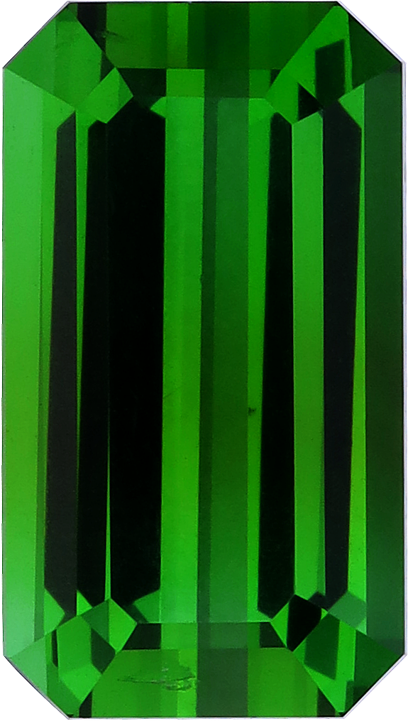 Rectangular cut green tourmaline, 14.01 by 7.93 mm, shown at actual size