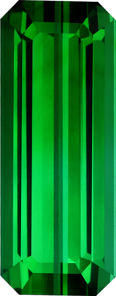 Rectangular cut green tourmaline, 34.9 by 13.89 mm, shown at actual size