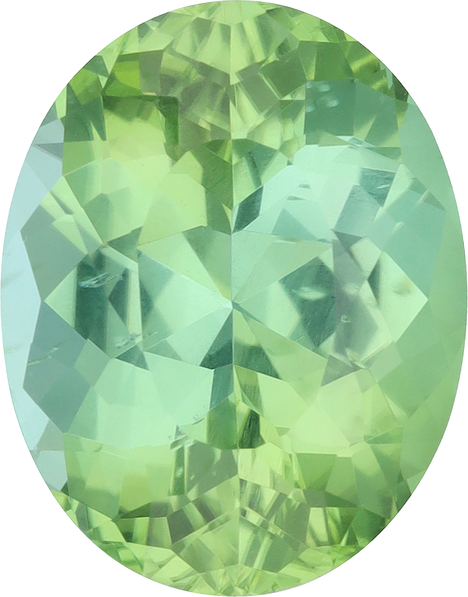 Oval cut green tourmaline, 16.1 by 12.61 mm, shown at actual size