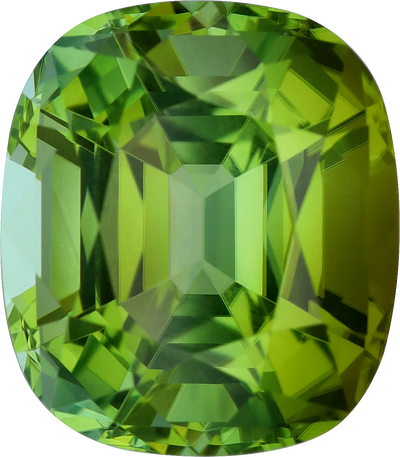 Cushion cut green tourmaline, 16.11 by 14.06 mm, shown at actual size